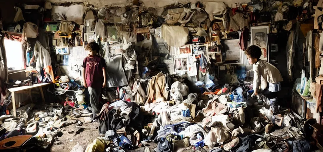 Image similar to a teenage boy at his back entering in a hoarder's room, dark atmosphere