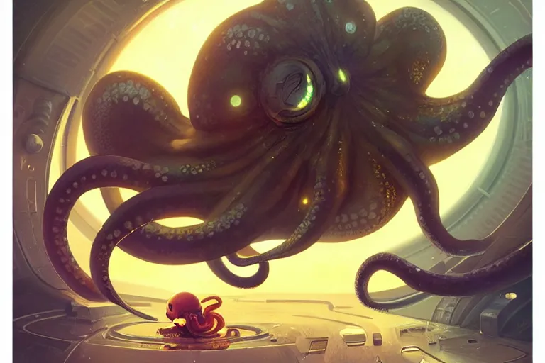 Prompt: adorable baby octopus in a space station, elegant, intricate, retrofuturistic digital painting, artstation, concept art, smooth, sharp focus, illustration, art by artgerm and greg rutkowski and alphonse mucha