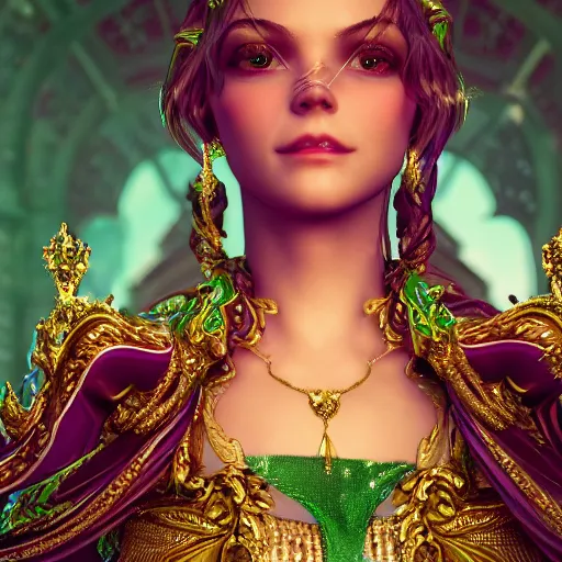 Image similar to portrait of princess of emerald, majestic, ornate, intricate, hyper detailed, accent lighting, kingdom in background, dramatic light, 4 k octane render