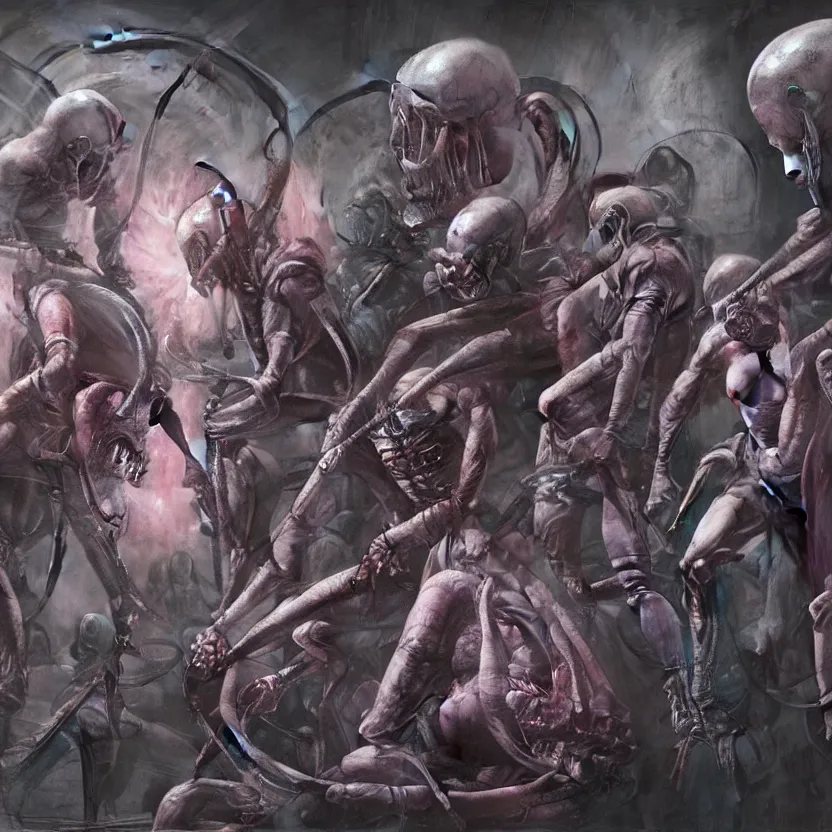 Image similar to still frame from Prometheus movie by Hajime Isayama, WH40k chaos Slaanesh succubus army by wayne barlowe by Ken Currie painted by Dariusz Zawadzki by giger by beksinski