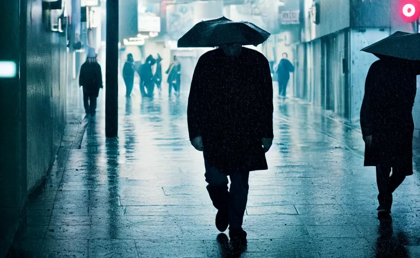 Image similar to cinestill 5 0 d candid photographic portrait by david cronenberg of todd solondz walking the streets of tel aviv, modern cyberpunk moody emotional cinematic, closeup, pouring rain menacing lights shadows, 8 k, hd, high resolution, 3 5 mm, f / 3 2, ultra realistic faces, ex machina