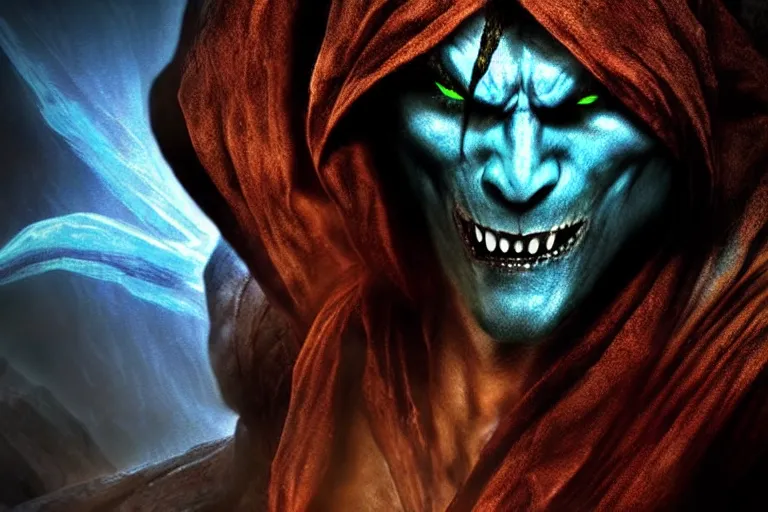 Image similar to vfx film closeup, legacy of kain soul reaver, raziel irl, hero pose, devouring magic souls, in epic ancient sacred huge cave temple, flat color profile low - key lighting award winning photography arri alexa cinematography, hyper real photorealistic cinematic beautiful, atmospheric cool colorgrade