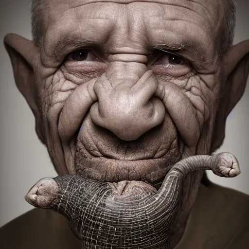 Prompt: man with an elephant trunk nose, grey wrinkled skin, tusks, portrait