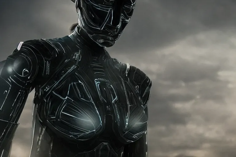 Prompt: VFX movie closeup portrait of a futuristic hero cyborg woman in black spandex armor in future city, hero pose, beautiful skin, night lighting by Emmanuel Lubezki