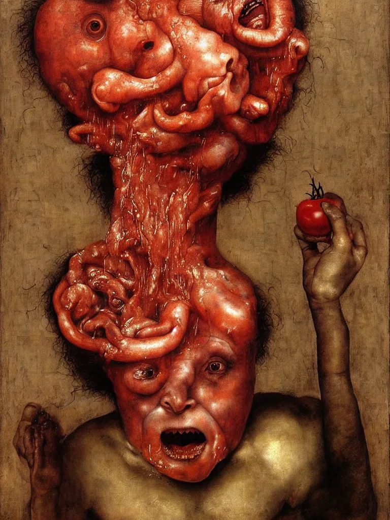 Image similar to a boy like eraserhead and elephant man sitting in a tub full of tomato sauce, looking straight into camera, screaming in desperation, by giuseppe arcimboldo and ambrosius benson, renaissance, fruit, intricate and intense oil paint, a touch of beksinski and hr giger and edward munch, realistic, rules of composition, headspace