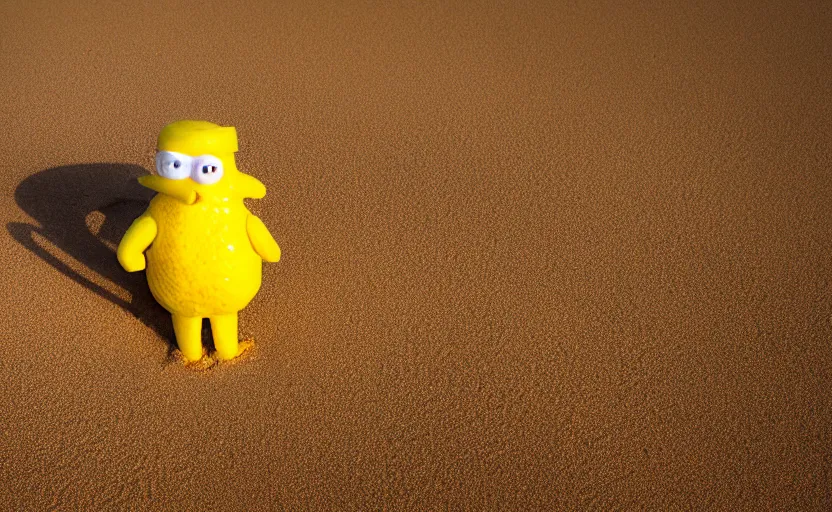 Image similar to 5 0 mm photograph, of a real anthropomorphic lemon character, fit body, with lemon skin texture, it is wearing a hat and scuba diving, building a sandcastle on the beach at sunset, beach, huge waves, sun, clouds, tropical trees, rim light, cinematic photography, professional, sand, sandcastle, volumetric lightening