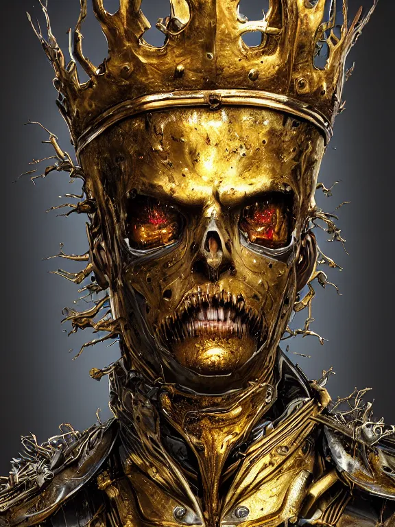 Prompt: portrait art of 8k ultra realistic undead king,detailed golden crown, decaying, cybernetic, full of colour, cinematic lighting, battered, trending on artstation, 4k, hyperrealistic, focused, extreme details,unreal engine 5, cinematic, masterpiece, art by ayami kojima, giger