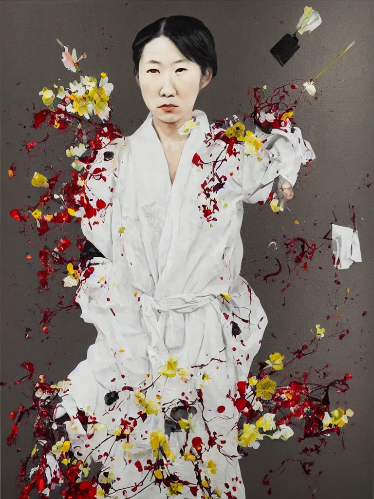 Prompt: “art in an Australian artist’s apartment, portrait of a Japanese woman wearing loose-fitting white cotton cloth, stained with fresh berries and maple syrup, white wax, edible flowers, acrylic and spray paint and oilstick on canvas”