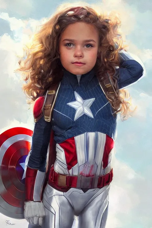 Image similar to a little girl with a michievous face and light brown curly wavy hair. she is dressed as captain america, spider - man, batman, captain marvel, a superhero. clean elegant painting, beautiful detailed face. by artgerm and greg rutkowski