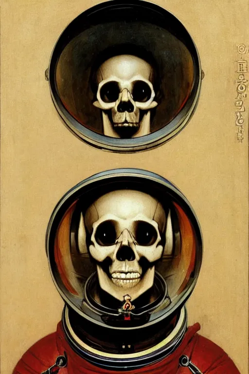 Image similar to portrait of a skull astronaut in samurai helmets an ancient human species, single person, by bouguereau