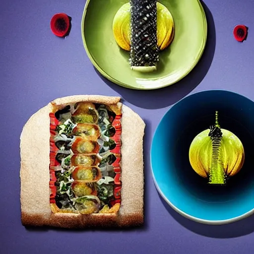 Prompt: a meal of rather weird and slightly disgusting, but also futuristic designer food, food photography