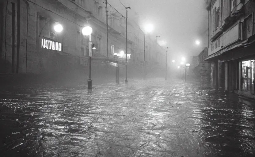 Image similar to high quality movie still of a soviet street yougoslavian street with few pedstrian , Cinestill 800t 18mm black and white heavy grain, very detailed, precise, HD, rain, mud, foggy, neon billboard