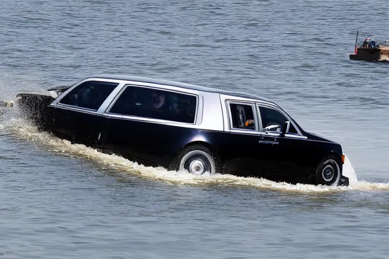 Image similar to Teenagers push Rolls-Royce into lake with their hands from a small slide wanting to drown him