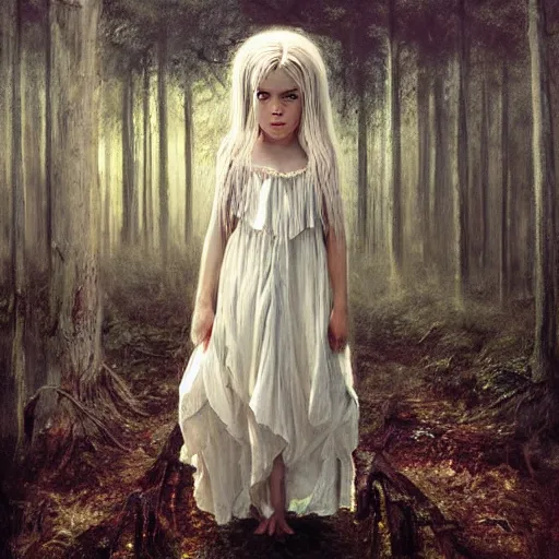 Image similar to a painting of a beautiful little girl in a white dress, white hair, bare foot, pretty symmetrical face, in the middle of a strange forest by Seb McKinnon and WLOP