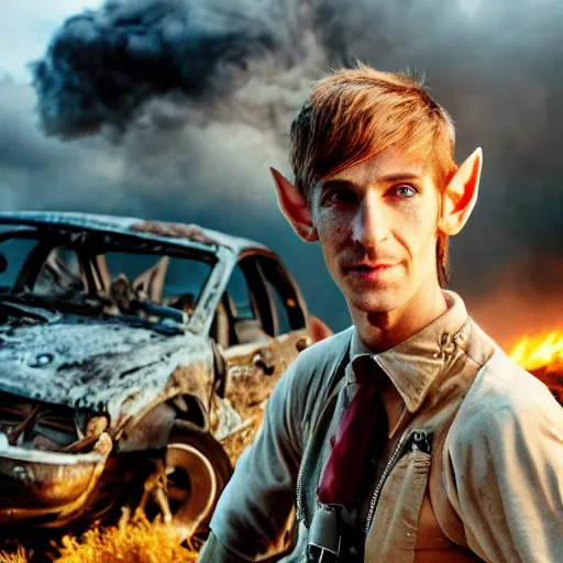Image similar to a skinny high-fantasy elf with a long face narrow chin and spiky blonde hair wearing dark brown overalls and holding a bomb next to a destroyed car, gel spiked hair, high resolution film still, HDR color