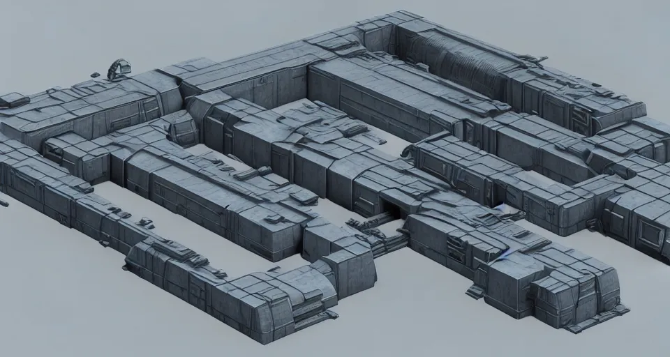 Prompt: 3d sculpt of a thick square industrial military scifi factory facade gun metal factory inspired by the matrix, star wars, ilm, beeple, star citizen halo, mass effect, starship troopers, elysium, the expanse, high tech industrial, Artstation Unreal