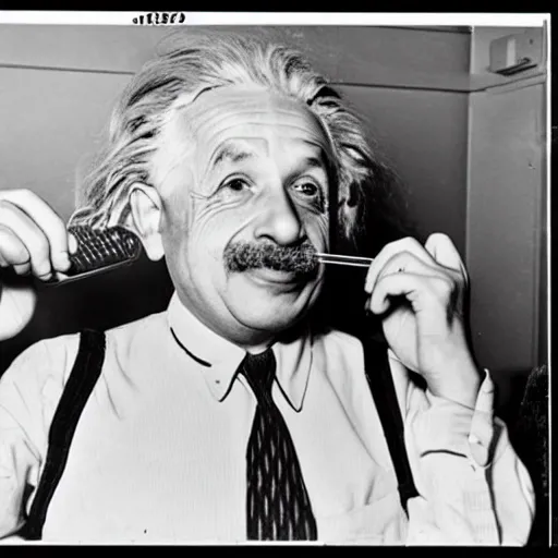 Prompt: 1940s photograph of Albert einstein trying to calculate why the banana is curved