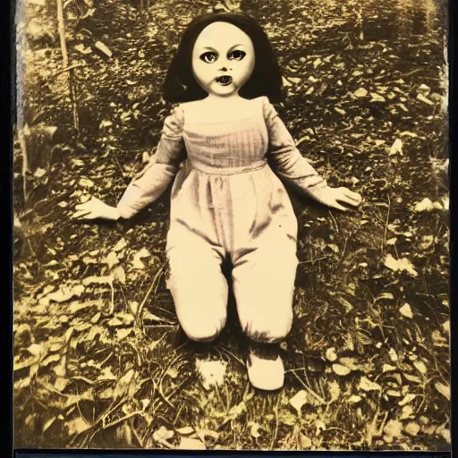 Prompt: Polaroid photo of a creepy doll found in a forest