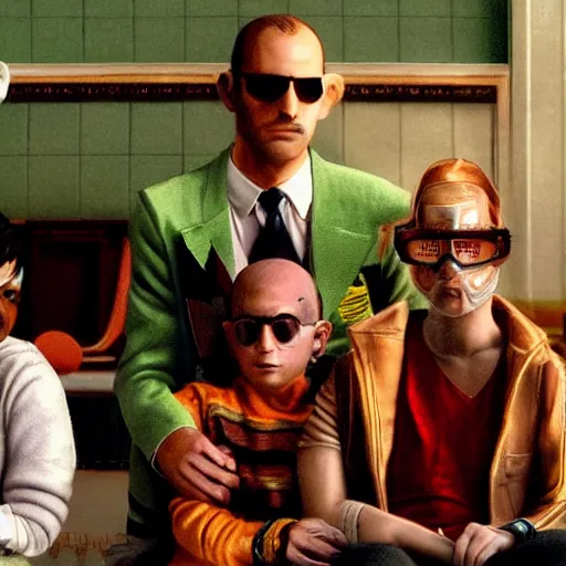 Prompt: the royal tenenbaums in a cyberpunk future, photorealistic, detailed, family portrait
