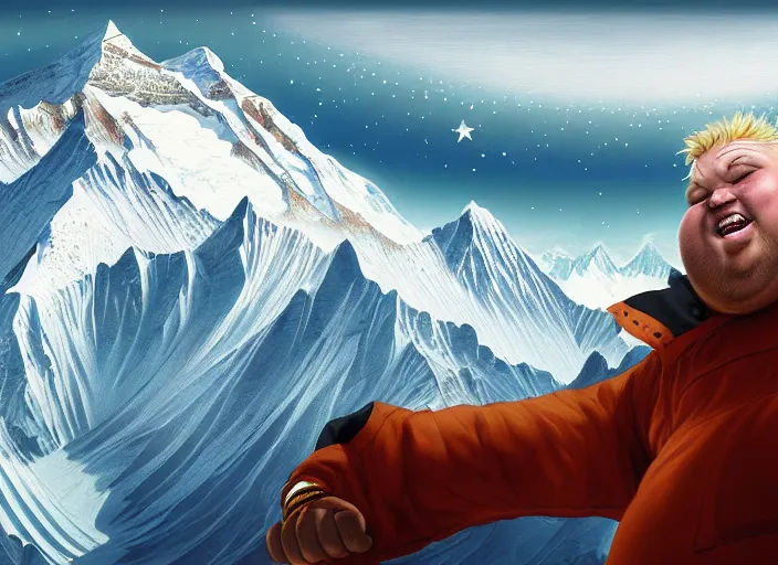 Prompt: a fat blonde man dancing on the peak of mount everest, cosmic horror painting, elegant intricate digital painting artstation concept art by mark brooks and brad kunkle extreme detail 4 k