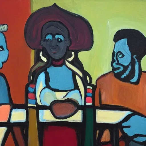 Image similar to The painting depicts two people, a man and a woman, sitting at a table. The man is looking at the woman with a facial expression that indicates he is interested in her. The woman is looking at the man with a facial expression that indicates she is not interested in him. There is a lamp on the table between them. by Emily Kame Kngwarreye, by Diego Dayer perspective