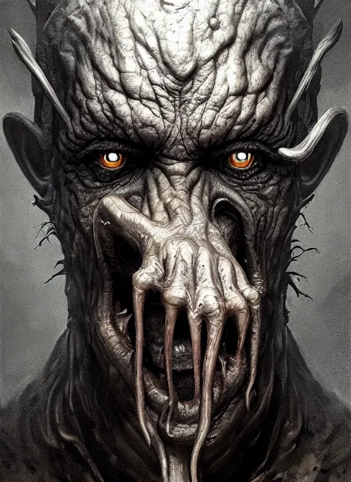 Prompt: close up portrait of a monster in the sinister valley of despair, one mouth, one nose, two eyes, oil painting by tomasz jedruszek, cinematic lighting, pen and ink, intricate line, hd, 4 k, million of likes, trending on artstation