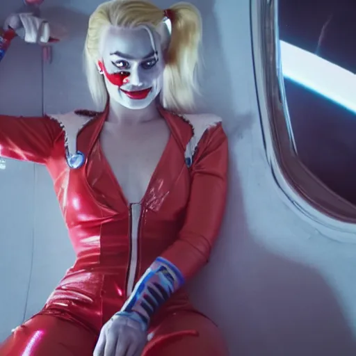 Image similar to photo of Margot Robbie as Harley Quinn floating in the iss, highly detailed skin and face, 8k