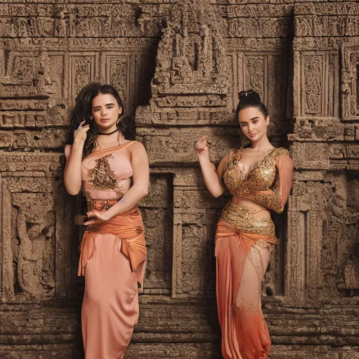 Image similar to photograph of a bas relief of demi rose and emilia clarke wearing kebaya found in an ancient hindu temple, by charlotte grimm, natural light, detailed face, canon eos c 3 0 0, ƒ 1. 8, 3 5 mm, 8 k, medium - format print, half body shot