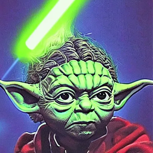 Prompt: yoda majestic with glowing lightsaber, very handsome, shirtless with rippling abs, in the style of harlequin romance novel cover, glistening, bedroom eyes,