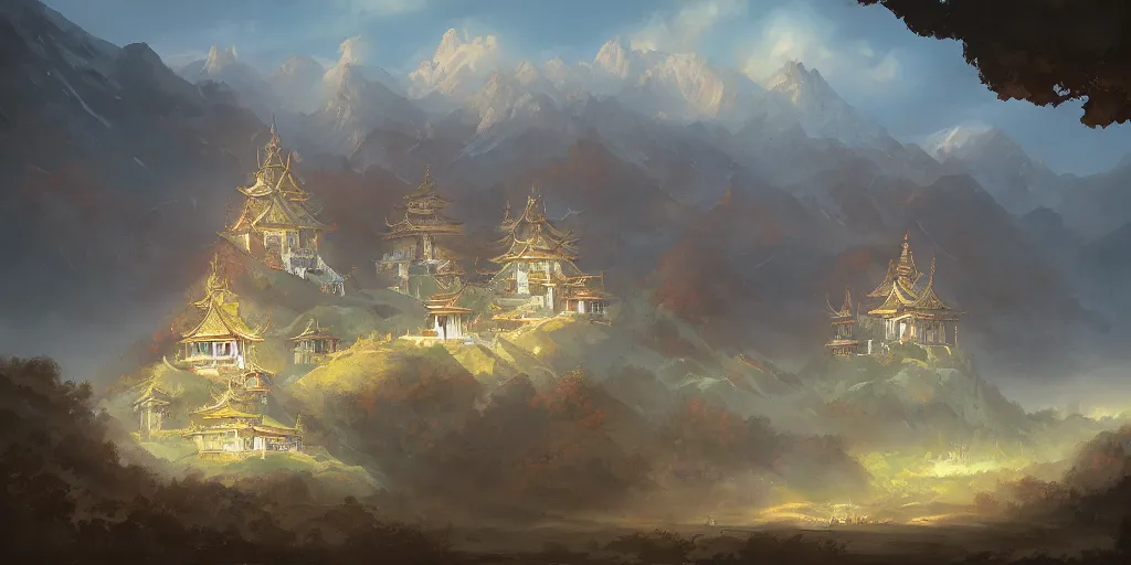 Image similar to “Dzogchen Mountain Temple, by Peter Mohrbacher”
