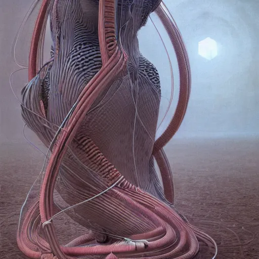 Image similar to photo of a woman wrapped around by tubes and cables, by Edgar Maxence and Ross Tran, Zdzisław Beksiński, and Michael Whelan, distant, gustav dore, H.R. Giger, 8k, octane render