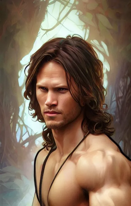 Image similar to photorealistic, canon eos 5 d mark iv, pretty muscular sam winchester as a character in romance book art design, character concept, sharp focus!, ultra detailed, art by artgerm alphonse mucha, wlop