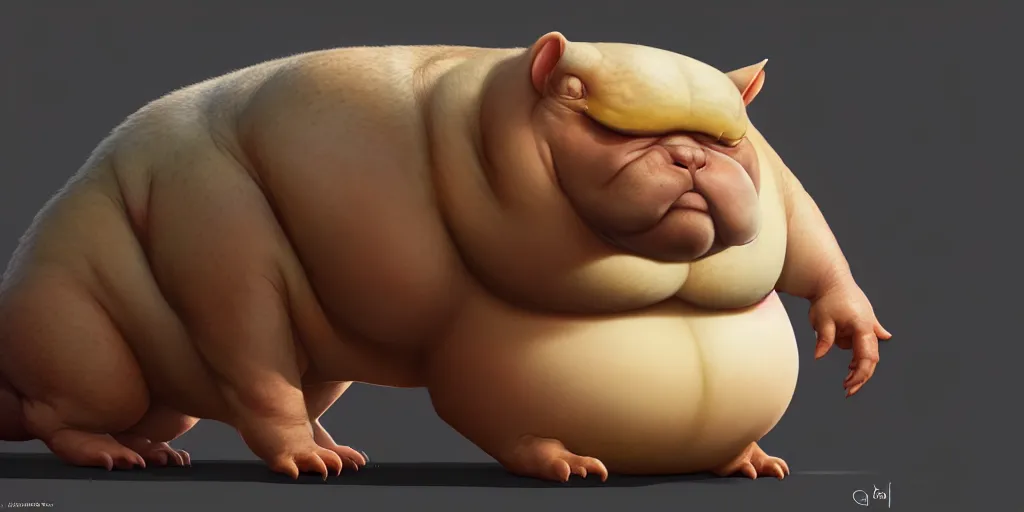 Prompt: a cute fatty pet by neville page, ken barthelmey, carlos huante and doug chiang, sharp focus, trending on artstation, hyper realism, octane render, 8 k, hyper detailed, ultra detailed, highly detailed, zbrush, concept art, creature design