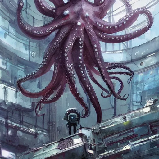 Image similar to octopus on a space station, cyberpunk, realistic, detailed, Industrial Scifi, paint, watercolor, in the style of Ashley Wood and Wadim Kashin