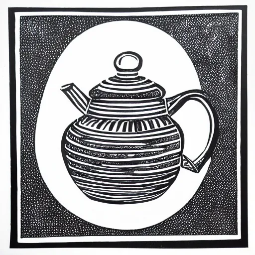 Prompt: high contrast black ink on white paper teapot block print illustration