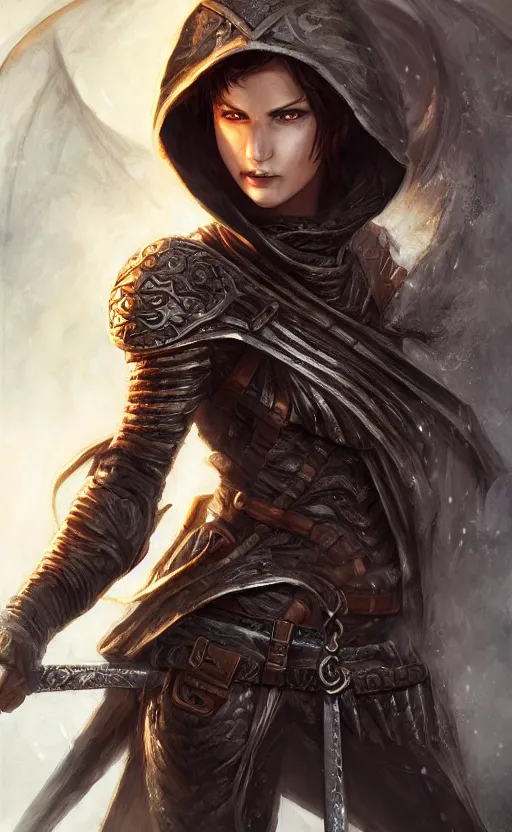 Prompt: a hooded female ranger, d & d, full body, 8 k, hyperrealistic, dragon slayer, hyperdetailed, fantasy portrait by laura sava