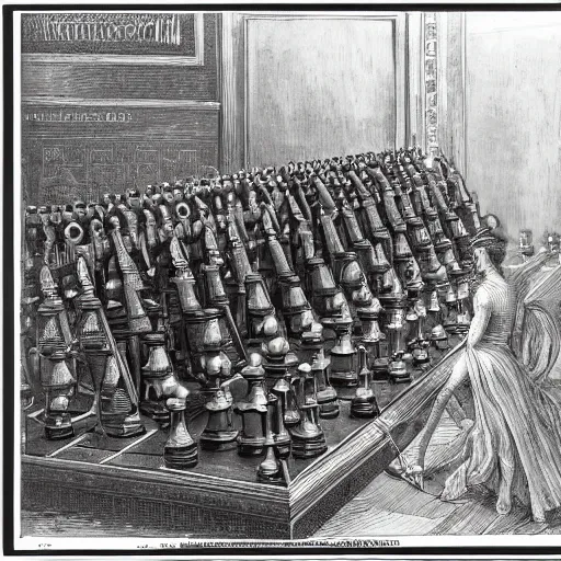 Prompt: an ancient machine, artificial intelligence chess machine, 1914 , in the style of Gustave Doré and Hito Steyerl, 35mm film