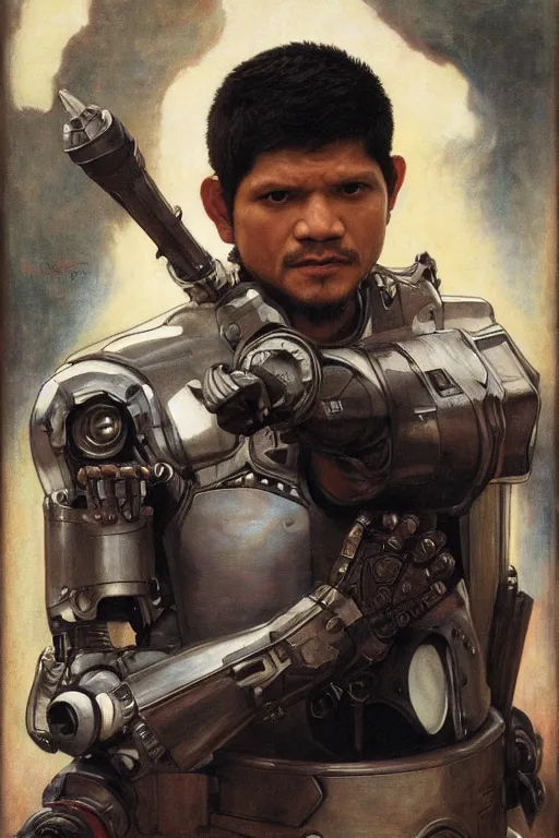 Image similar to iko uwais wearing robot armour, bouguereau and mucha