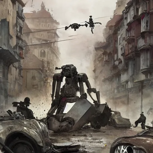 Image similar to spider robots terrorise streets of weimar germany and attack freikorps soldier, heavy street battle, pile of bodies, art by greg rutkowski and jakub rozalski