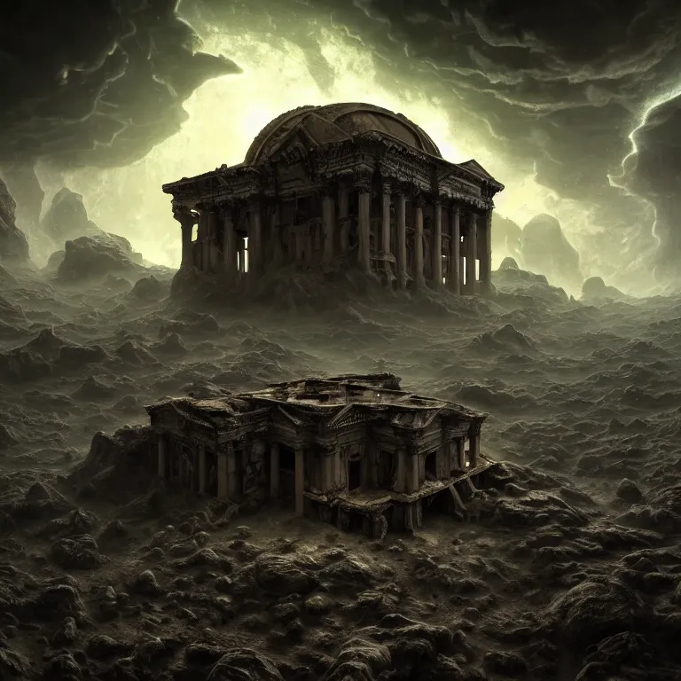 Image similar to surreal ancient alien abandoned temple on exoplanet, wrecked technology, dark clouds, surreal abandoned buildings, dream-like heavy atmosphere, baroque painting, beautiful detailed intricate insanely detailed octane render trending on Artstation, 8K artistic photography, photorealistic, dramatic volumetric cinematic light, chiaroscuro, Raphael, Caravaggio, Beksinski, Giger