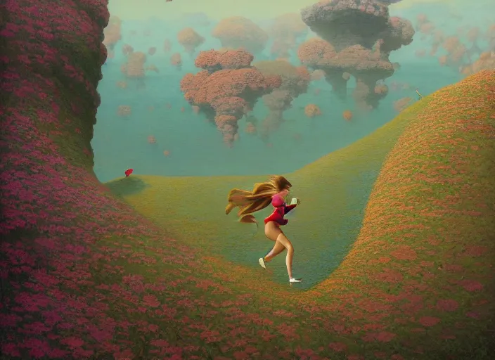 Image similar to aerial side shot of a beautiful inspiring girl running on a trail made of gelato in Mandelbrot fractal by Craig Mullins, ilya kuvshinov, krenz cushart, artgerm trending on artstation by Edward Hopper and Dan Mumford and WLOP and Rutkovsky, beksinski carl spitzweg moebius and tuomas kocar, intricate artwork by caravaggio, Unreal Engine 5, Lumen, Nanite