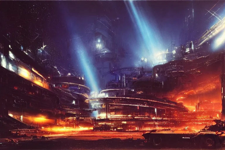 Image similar to C-beams glittering in the dark near the Tannhäuser Gate by john harris and john berkey, matte, masterpiece, atmospheric, wide angle shot