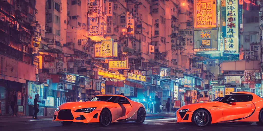 Image similar to orange supra in the middle of a road on the night Hong Kong china town, blue color grading, cinematic color grading , unreal 5, hyperrealistic, realistic, photorealistic, dynamic lighting, highly detailed, cinematic landscape, studio landscape, studio lighting