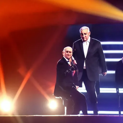 Image similar to benjamin netanyahu singing in the eurovision in front of a band, stage lighting, sharp focus, highly detailed