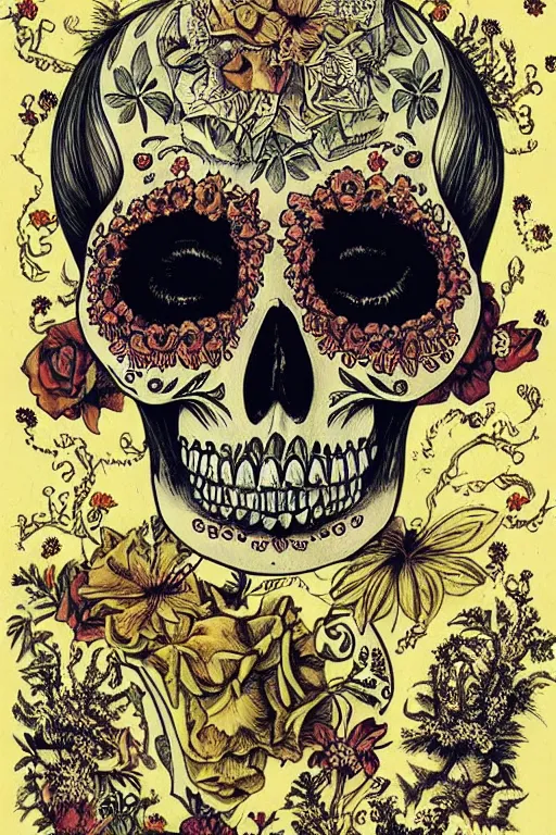 Prompt: Illustration of a sugar skull day of the dead girl, art by Ernst Haeckel