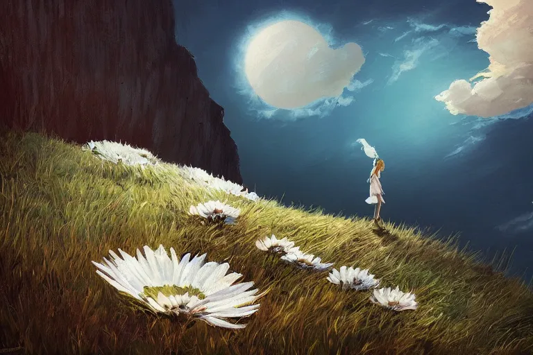 Image similar to giant white daisy flower head, girl walking on cliff, surreal photography, solar eclipse, milky way, dramatic light, impressionist painting, clouds, digital painting, artstation, simon stalenhag