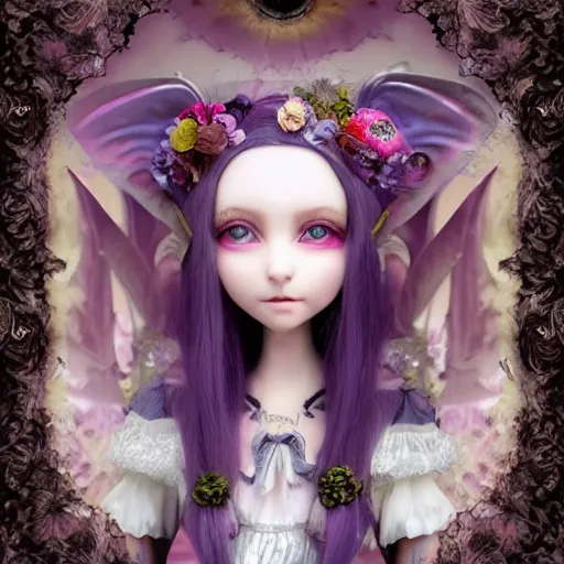 Prompt: Ethereal, mysterious stunning maximalist mesmerizing elven girl with elf ears from the rainbow sky paradise, high-tech, Victorian gothic lolita fashion, by Mark Ryden, artgerm, Hiroyuki-Mitsume Takahashi, WLOP, Goto Fujita, 奈良美智, Pixiv 3DCG, DAZ Studio, highly detailed, photorealistic, 8k resolution 3D, cinematic, dynamic lighting, octane render