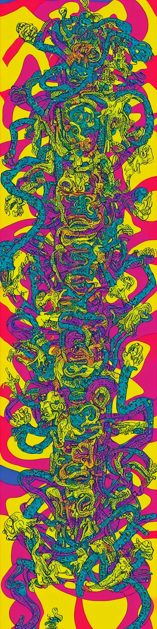 Prompt: tony the tiger dissolving into neon cereal pieces, cubensis, aztec, basil wolverton, r crumb, hr giger, mc escher, dali, muted but vibrant colors, ribbons and folds, tubing and wires, tape distortion
