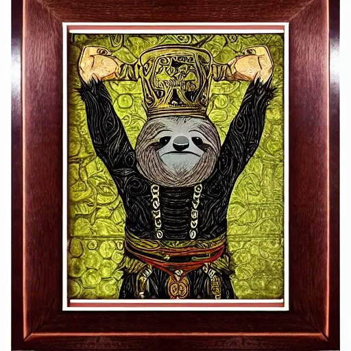 Image similar to sloth as the king of cups, copper cup, copper crown, poster framed, intricate details, medieval art style, high contrast, solarized