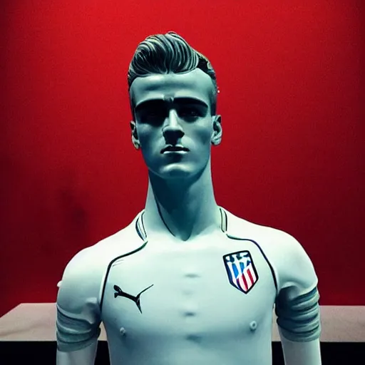 Image similar to “ a realistic detailed photo of a guy who is an attractive humanoid who is half robot and half humanoid, who is a male android, soccer player antoine griezmann, shiny skin, posing like a statue, blank stare, at the museum, on display ”